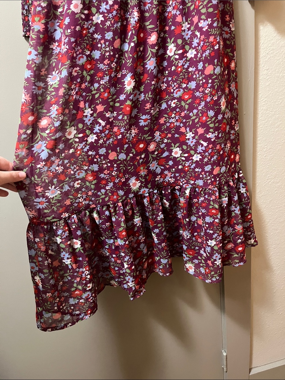 Betsey Johnson Burgundy Floral Smocked Maxi Dress with Long Sleeves - Picture 5 of 6